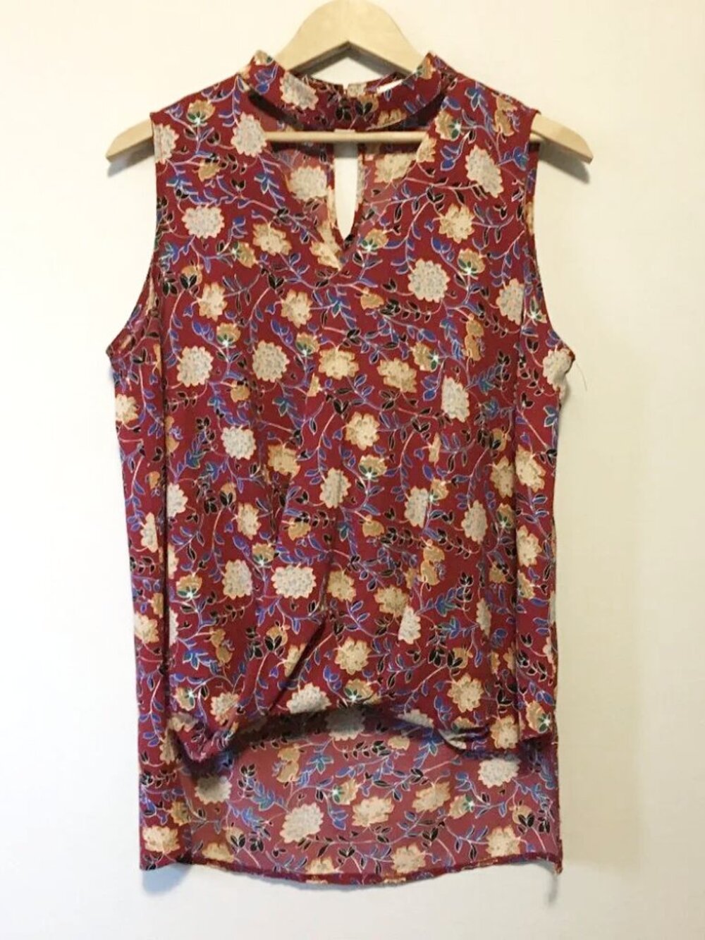 Aussie Valleygirl Burgundy Floral Sleeveless Keyhole Halter Neck Romantic Blouse